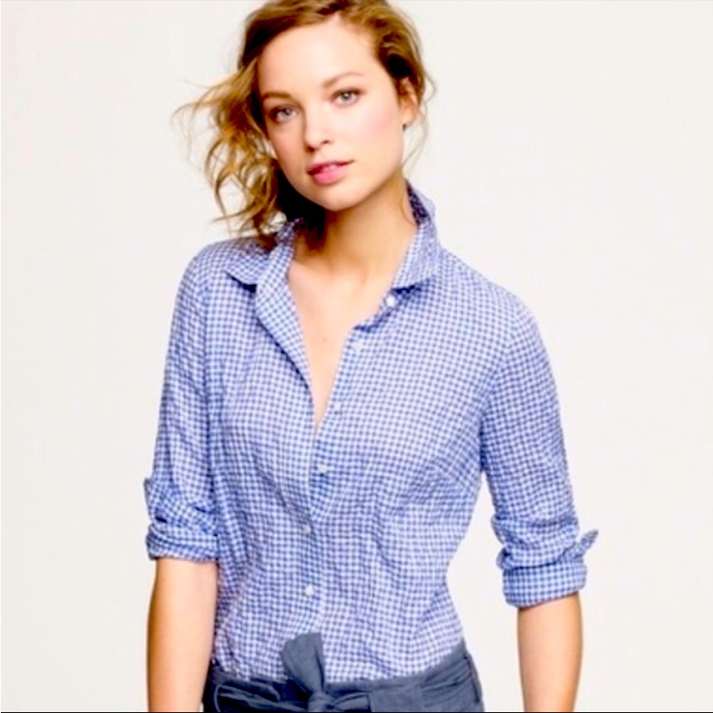 J Crew boy shirt in crinkle gingham in casablanca blue